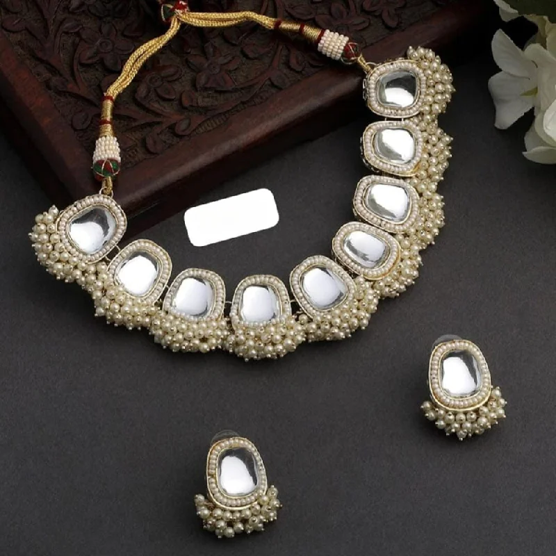 Silver and Pearl Necklace-Abhinandan Gold Plated Kundan Stone And Pearls Necklace Set