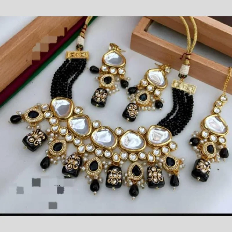 Classic Pearl Necklace-FS Collection Gold Plated Kundan Stone And Beads Necklace Set