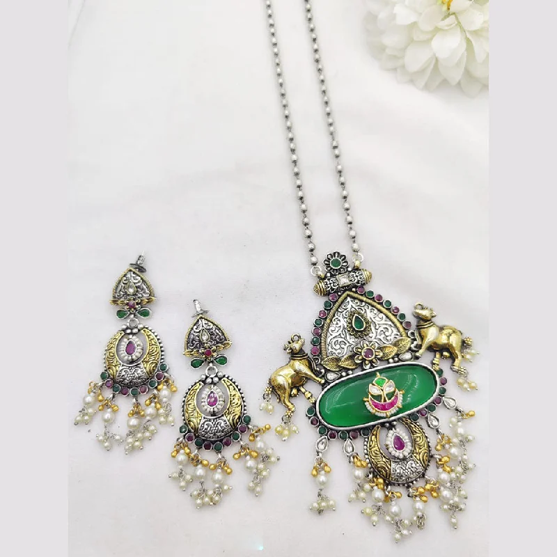 Gemstone Pendant Necklace-Fancyla 2 Tone Plated Kundan Stone And Pearls Long Necklace Set