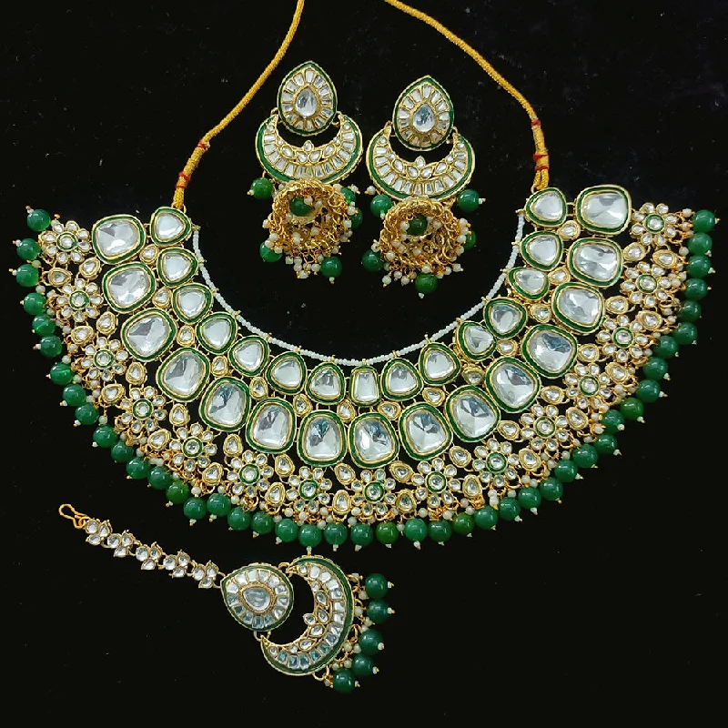 Statement Necklaces for Parties-Gehana Mahal Gold Plated Kundan Stone And Beads Meenakari Necklace Set