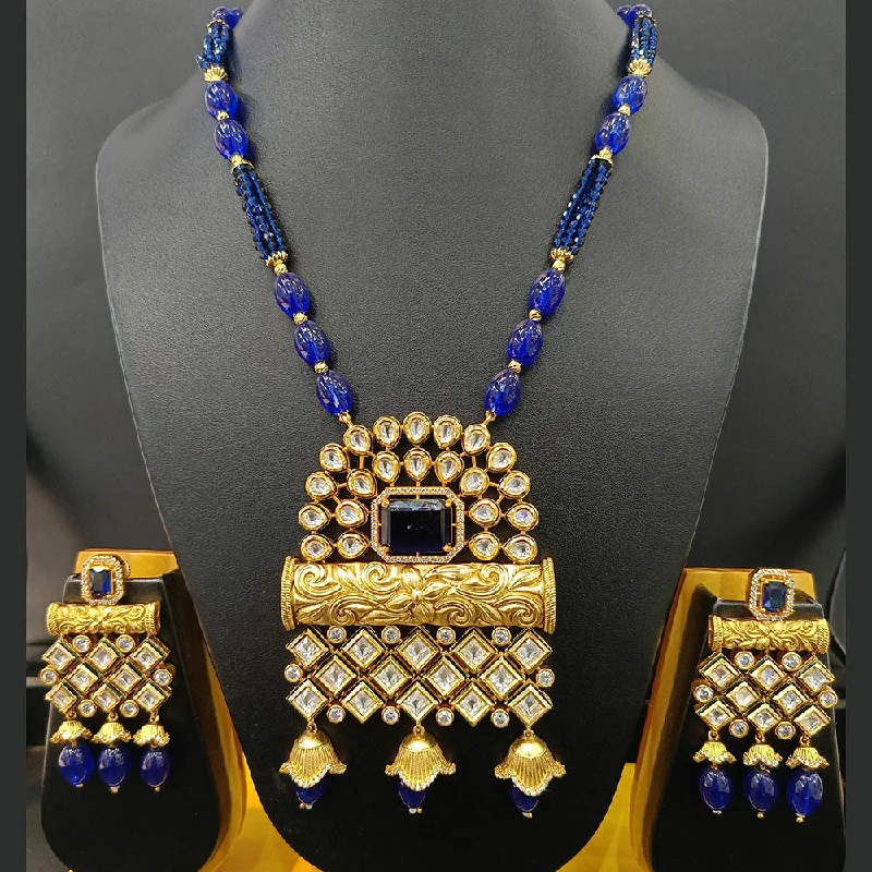 Rose Gold Pendant Necklace-Jain Jewellers Gold Plated Polki Kundan And Pearls Long Necklace Set