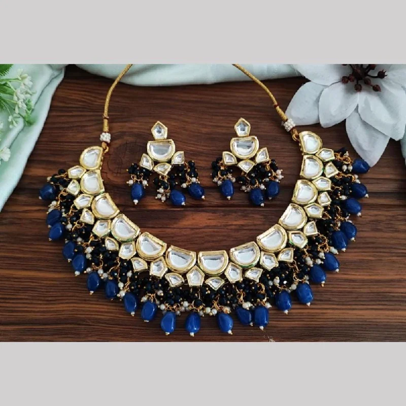 Trendy Gold Pendant Necklace-FS Collection Gold Plated Kundan Stone And Beads Necklace Set