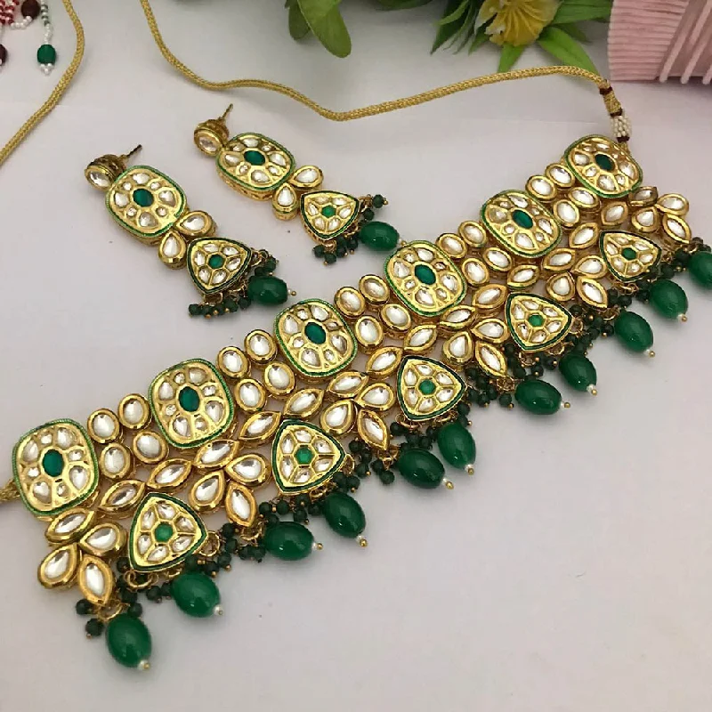 Long Gold Necklace-FS Collection Gold Plated Kundan Stone And Pearls Choker Necklace Set