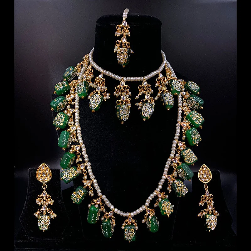 Classic Heart Necklace-Shagna Gold Plated Kundan Stone And Pearls Long Necklace Set