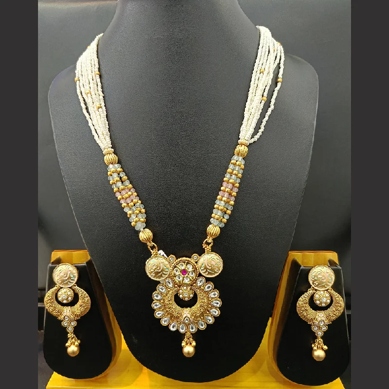 Rose Gold Layered Necklace-Jain Jewellers Gold Plated Kundan Stone And Pearl Meenakari Long Necklace Set