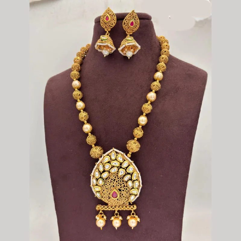 Oval Gemstone Necklace-Jewel Addiction Gold Plated Kundan Stone And Pearls Necklace Set