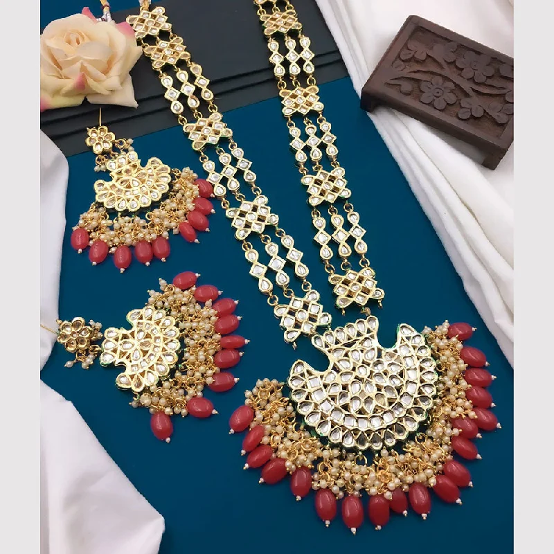 Luxury Diamond Necklace-5G Jewellery Gold Plated Kundan Stone And Beads Long Necklace Set