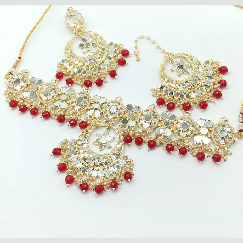 Simple Pendant Necklace-Rajwadi Collection Gold Plated Pearl Mirror And Beads  Choker Necklace Set