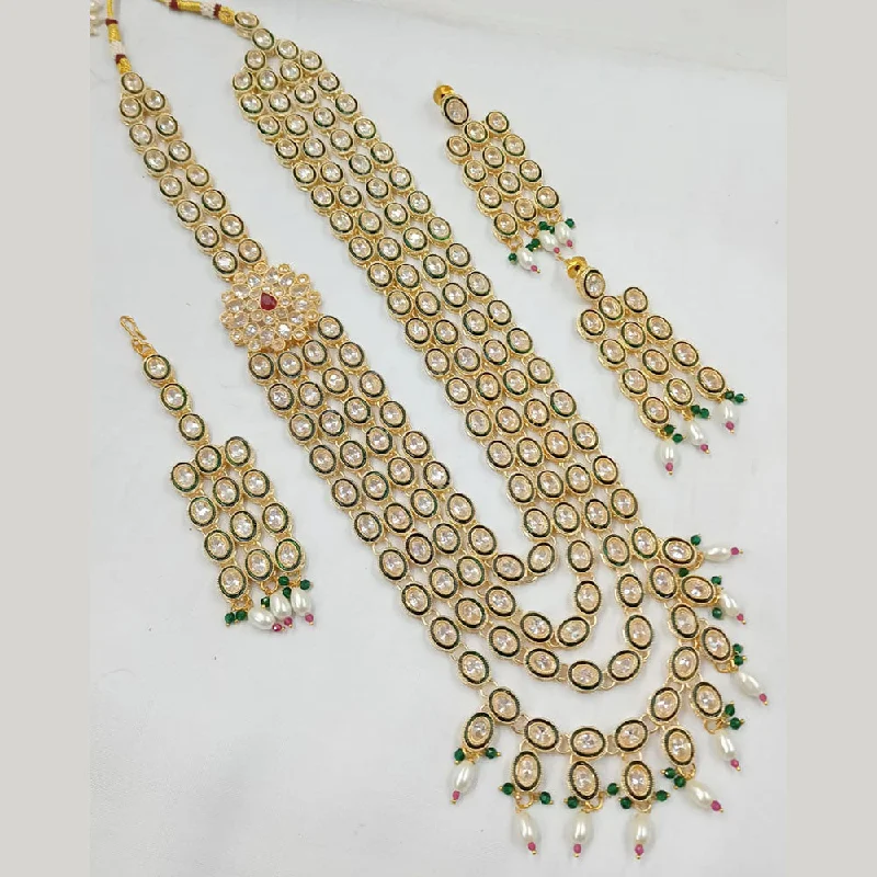 Vintage-inspired Choker Necklace-Padmawati Bangles Gold Plated Crystal Stone And Pearl Multi Long Necklace Set