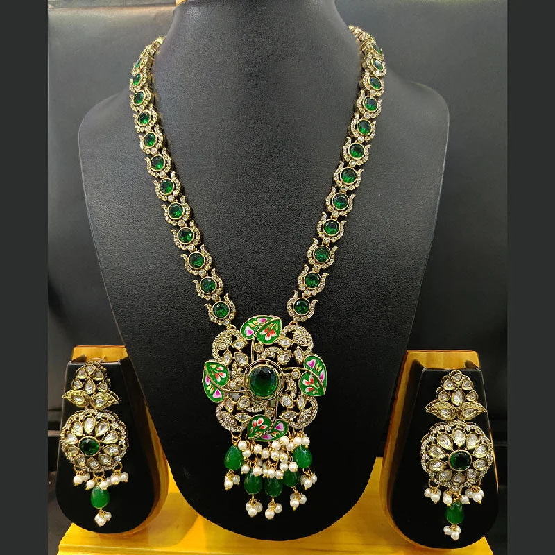 Gemstone Drop Necklace-Jain Jewellers Gold Plated Polki Kundan And Meenakari Long Necklace Set