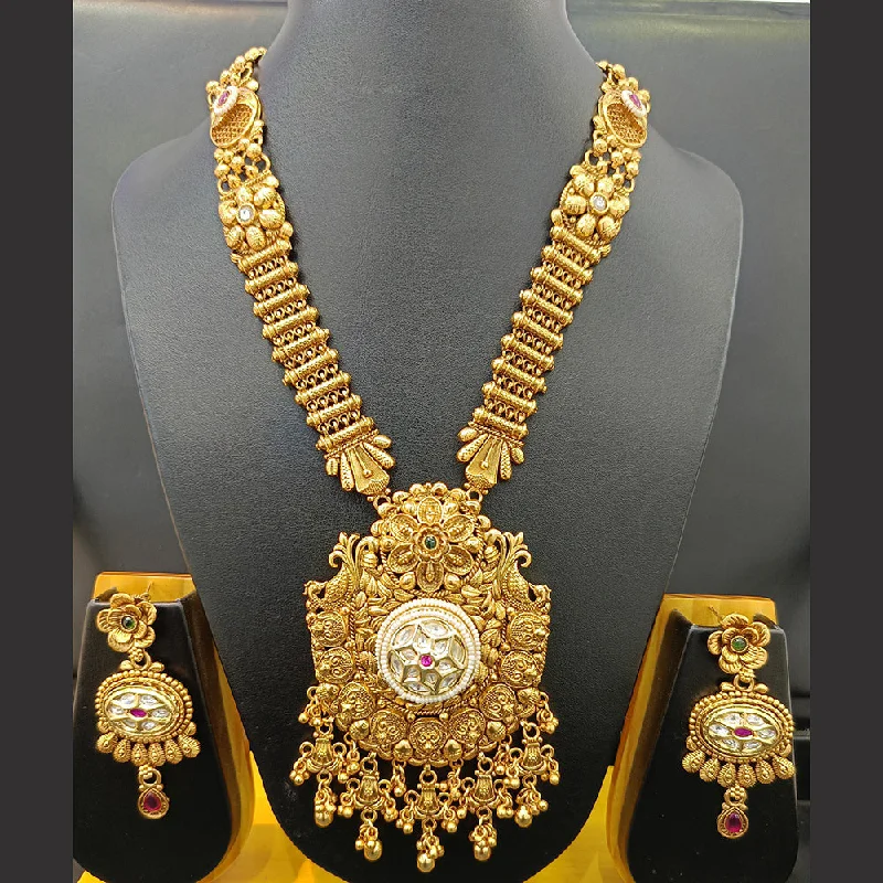 Modern Gold Necklace-Jain Jewellers Gold Plated Polki Kundan Stone And Pearl Long Necklace Set