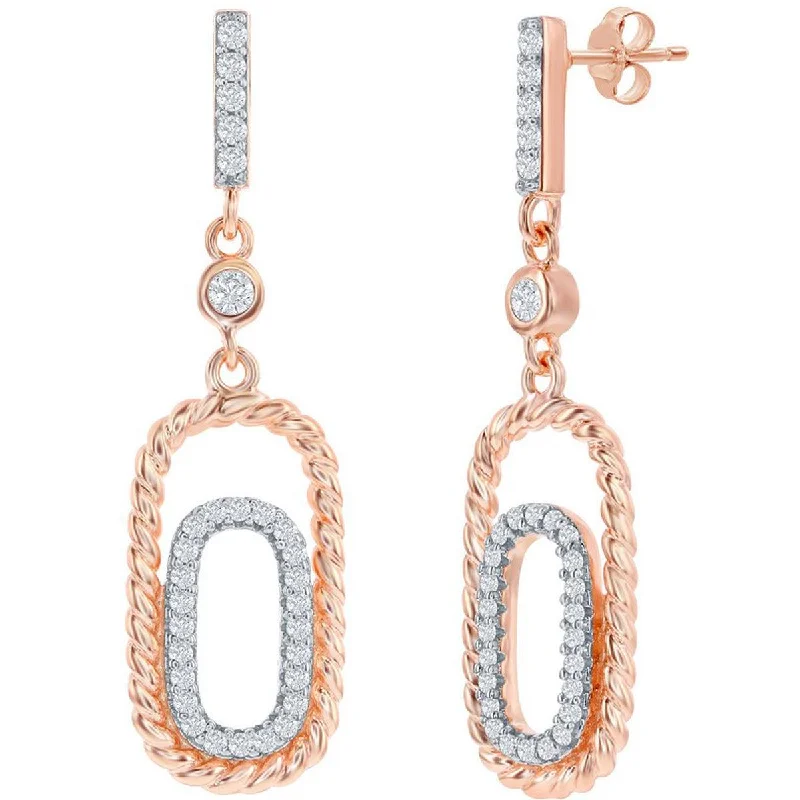 Long Statement Earrings-Classic Women's Earrings - Rose Gold Plated Double Rectangle White CZ Stone | D-8154