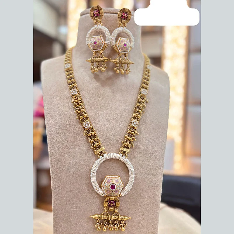 Statement Necklaces for Parties-Jewel Addiction Gold Plated Pota Stone And Meenakari Long Necklace Set