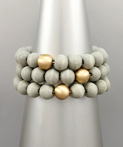 Custom Bead Bracelets-Wood & Metal Bead Stackable Bracelet Set Grey