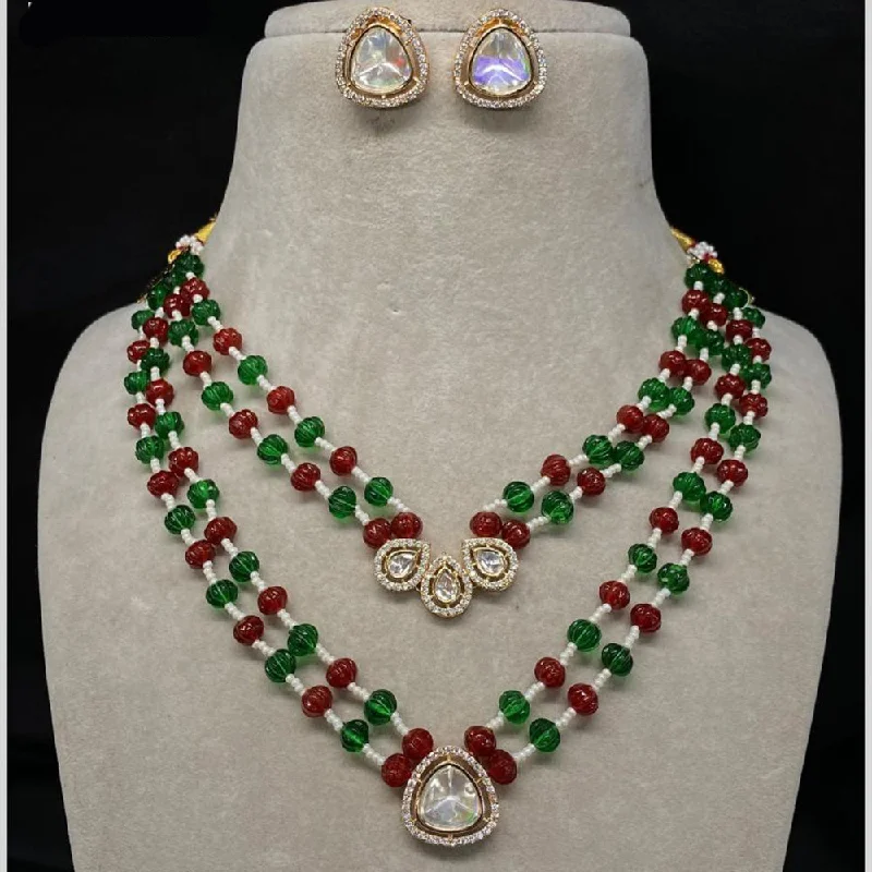 Layered Gemstone Necklace-Amoliya Jewels Gold Plated Polki Kundan & Beads  Necklace Set