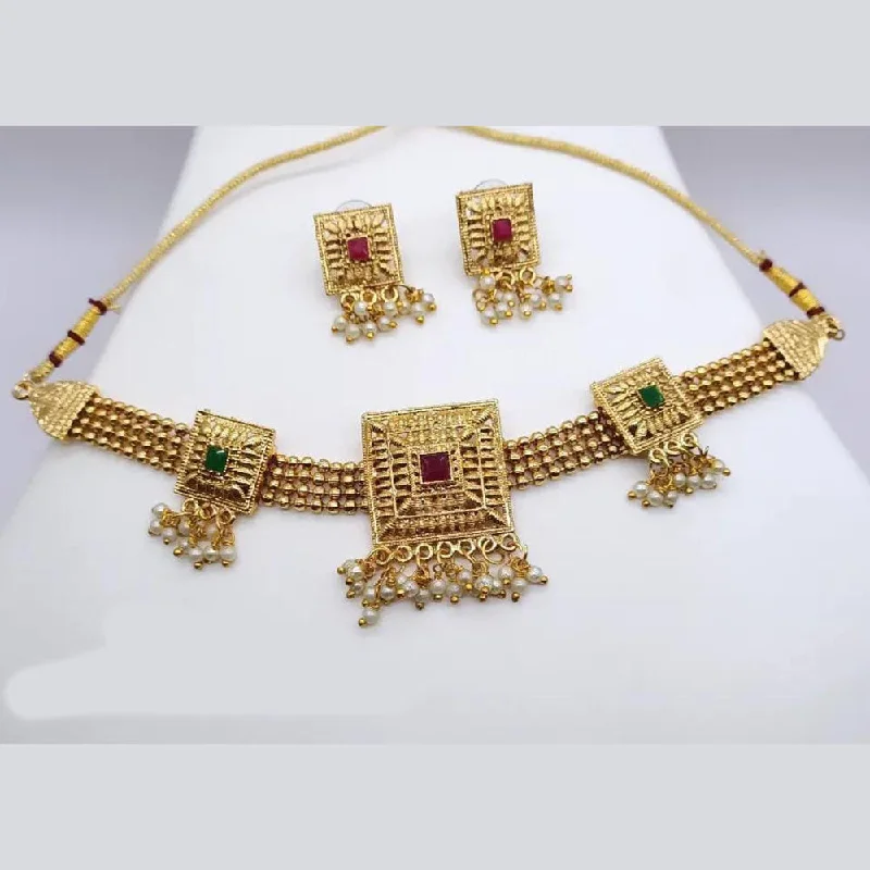 Double Pendant Necklace-Manisha Jewellery Gold Plated Pota Stone And Pearls Choker Necklace Set