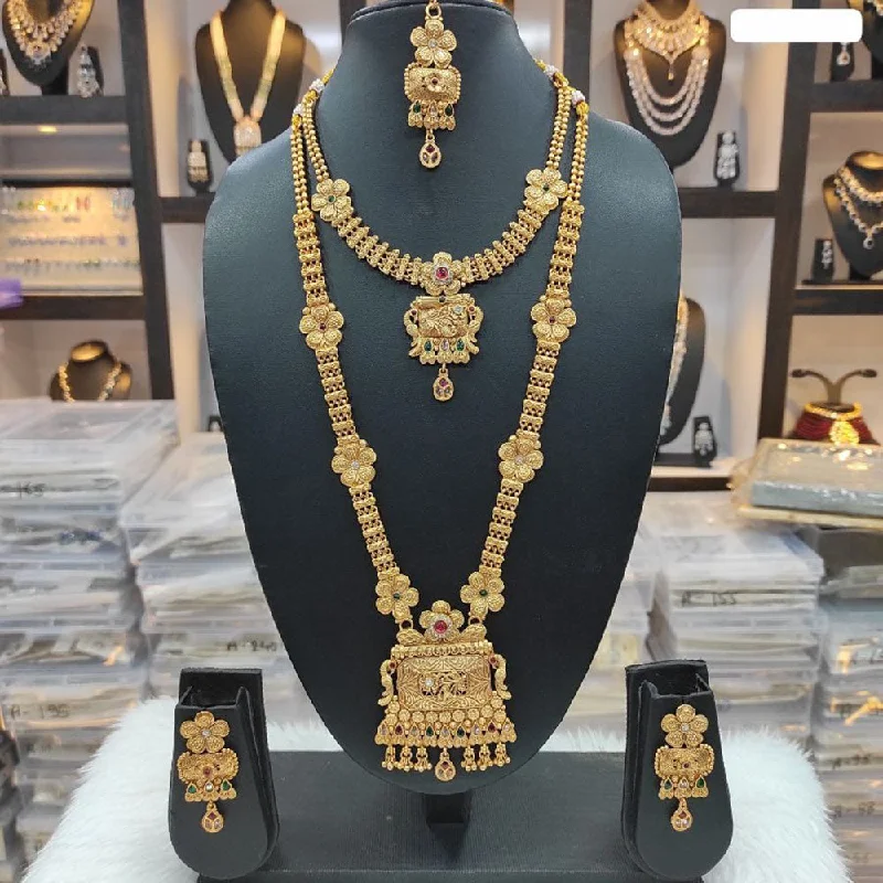 Wedding Pearl Necklace-Heera Jewellers Gold Plated Pota Stone Double Necklace Set