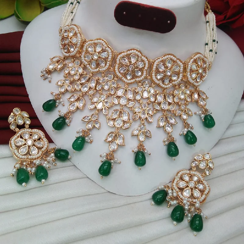 Gold Pendant Necklace-Everlasting Quality Jewels Gold Plated Polki Kundan Necklace Set