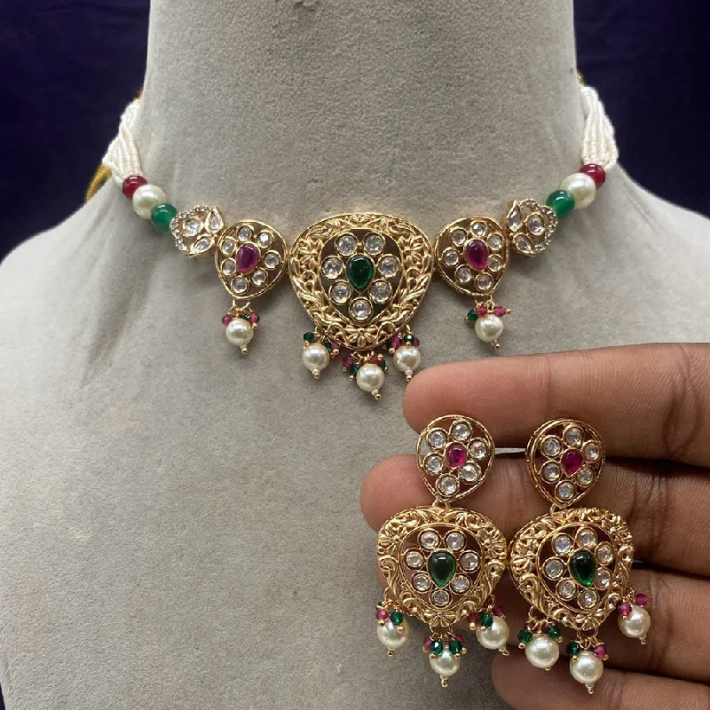 Gold Bead Necklace-Amoliya Jewels Gold Plated Polki Kundan And Pearl Choker Necklace Set