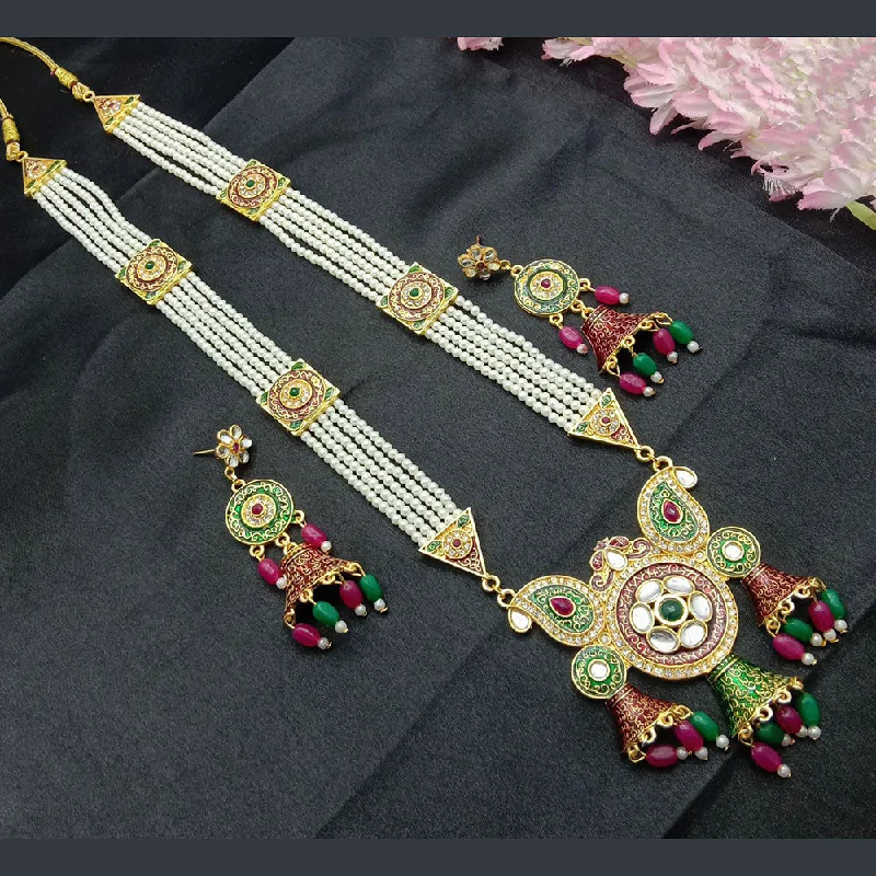 Statement Necklace for Bridesmaids-SP Jewellery Gold Plated Kundan Stone And Pearl Long Necklace Set