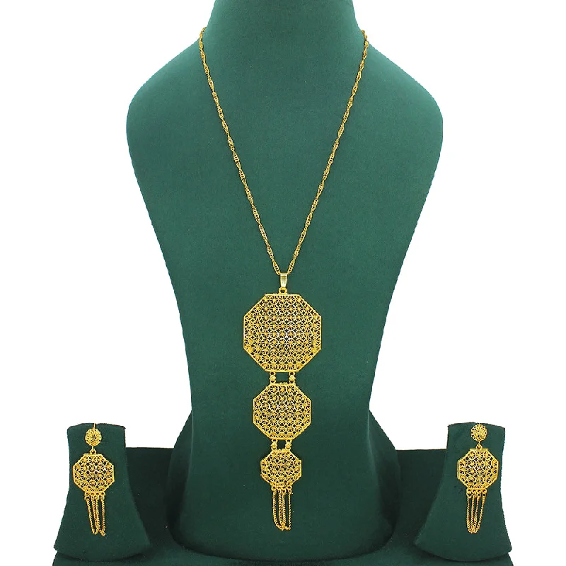 Oval Gemstone Necklace-Mahavir Forming Look Gold Plated Long Necklace Set