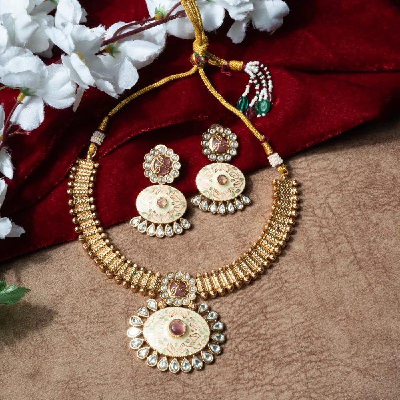 Double Layer Gold Necklace-ChicCharm Jewellery Brass And Copper Gold Plated Rajwadi Meenakari Necklace Set