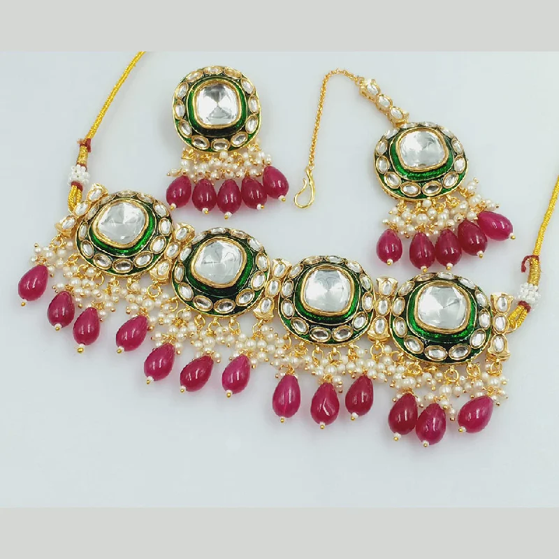 Rose Gold Layered Necklace-Rajwadi Collection Gold Plated Kundan Stone Pearl And Beads Necklace Set