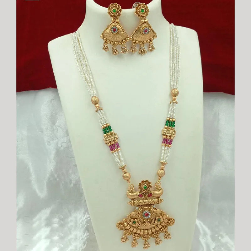 Vintage-inspired Choker Necklace-FS Collection Gold Plated Meenakari And Pearls Long Necklace Set