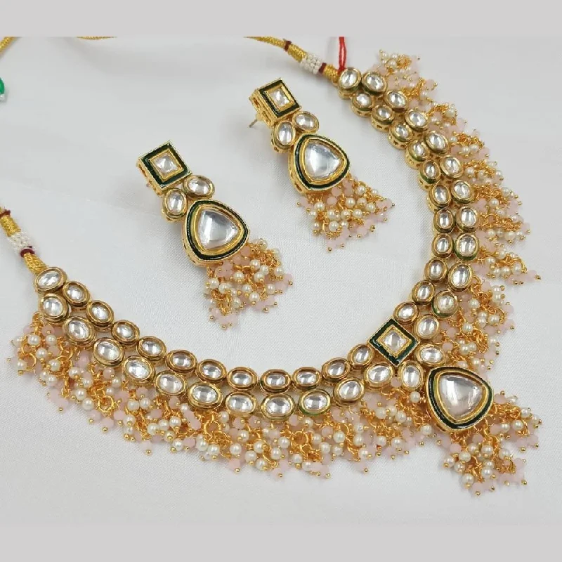 Luxury Gold Necklace-FS Collection Gold Plated Kundan Stone And Pearl Necklace Set