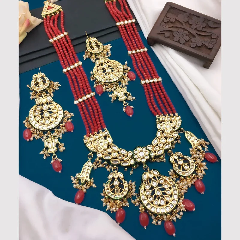 Classic Pearl Necklace-5G Jewellery Gold Plated Kundan Stone And Beads Long Necklace Set