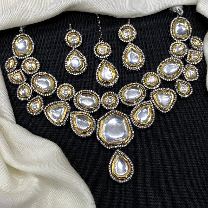 Silver Chain Necklace-Amoliya Jewels 2 Tone Plated Polki Kundan Stone Necklace Set