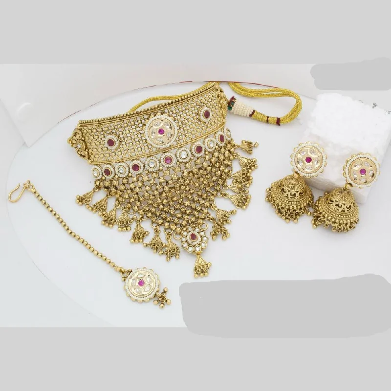 Beaded Charm Necklace-JCM Gold Plated Polki Kundan Stone And Pearls Meenakari Choker Necklace Set