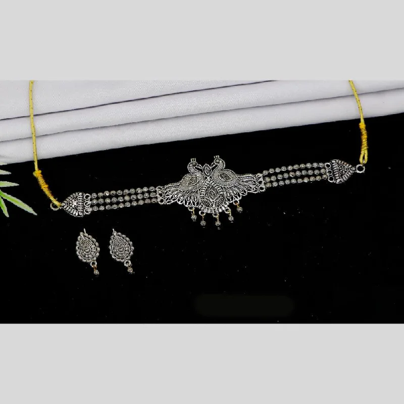 Beaded Charm Necklace-Mahavir Oxidised Plated Choker Necklace Set