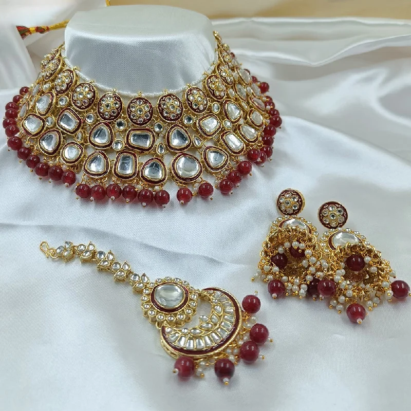 Colorful Necklace with Gemstones-Gehana Mahal Gold Plated Kundan Stone And Beads Meenakari Necklace Set