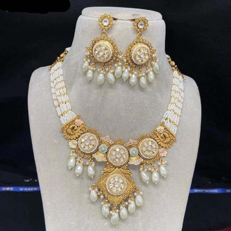 Minimalist Pendant Necklace-Amoliya Jewels Gold Plated Polki Kundan And Pearl Beads Necklace Set