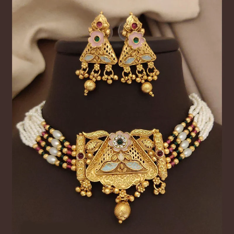 Silver Heart Necklace-FS Collection Gold Plated Pota Stone And Meenakari Pearls Choker Necklace Set