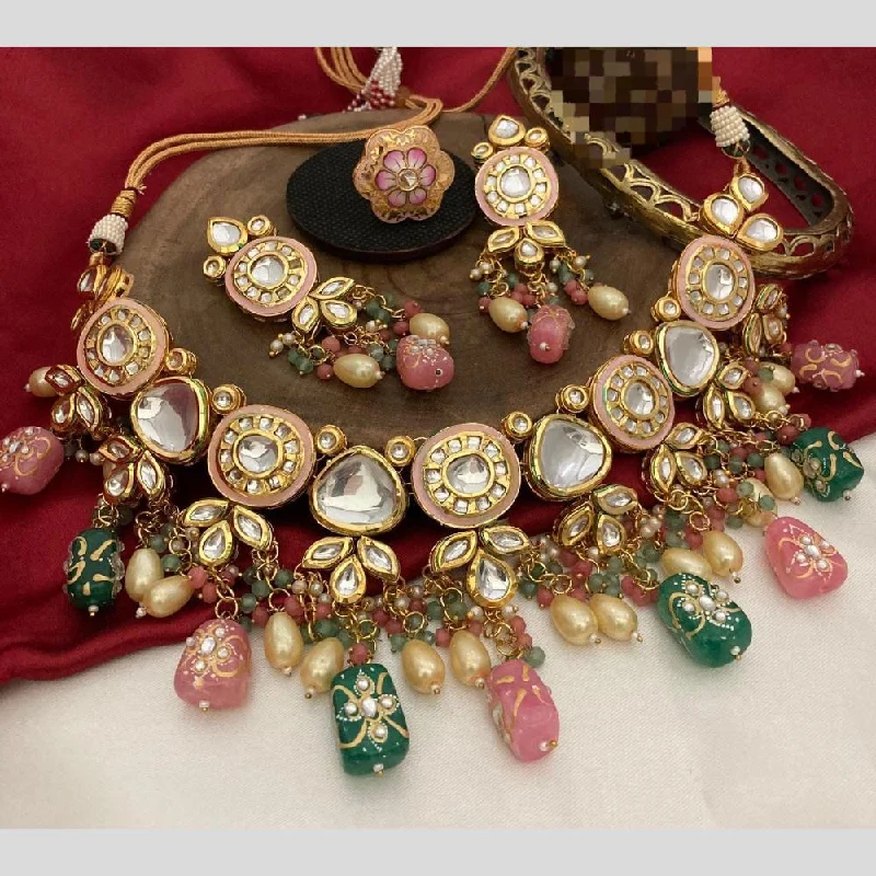 Fashionable Multi-Chain Necklace-FS Collection Gold Plated Kundan Stone And Beads Necklace Set