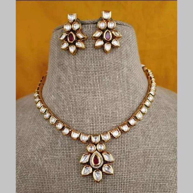 Birthstone Necklace for Mom-FS Collection Gold Plated Kundan Stone Necklace Set