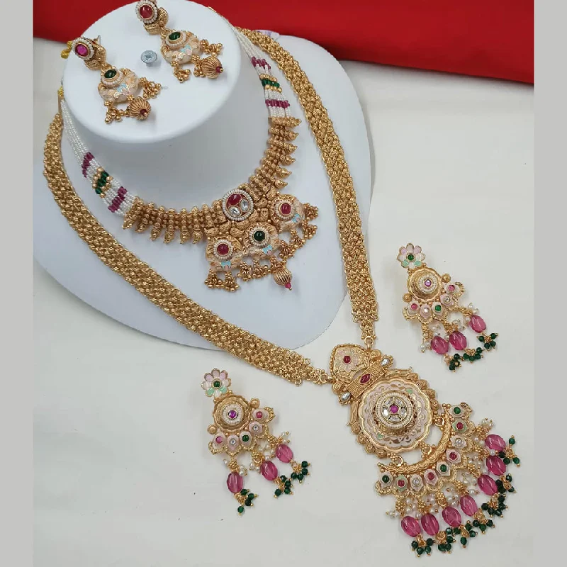 Blue Sapphire Necklace-Padmawati Bangles Gold Plated Kundan Stone And Double Necklace Set