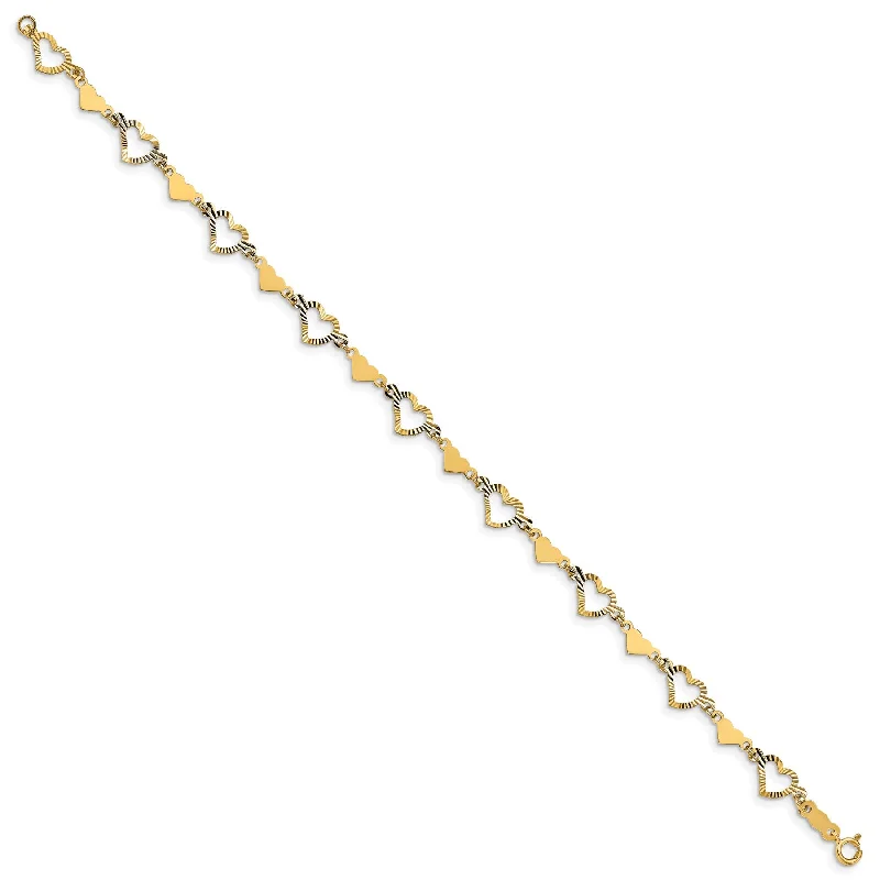 Diamond Tennis Bracelets-Diamond-Cut Alternating Hearts Bracelet (14K)