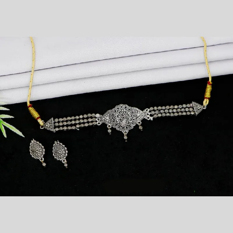 Crystal Bar Necklace-Mahavir Oxidised Plated Choker Necklace Set