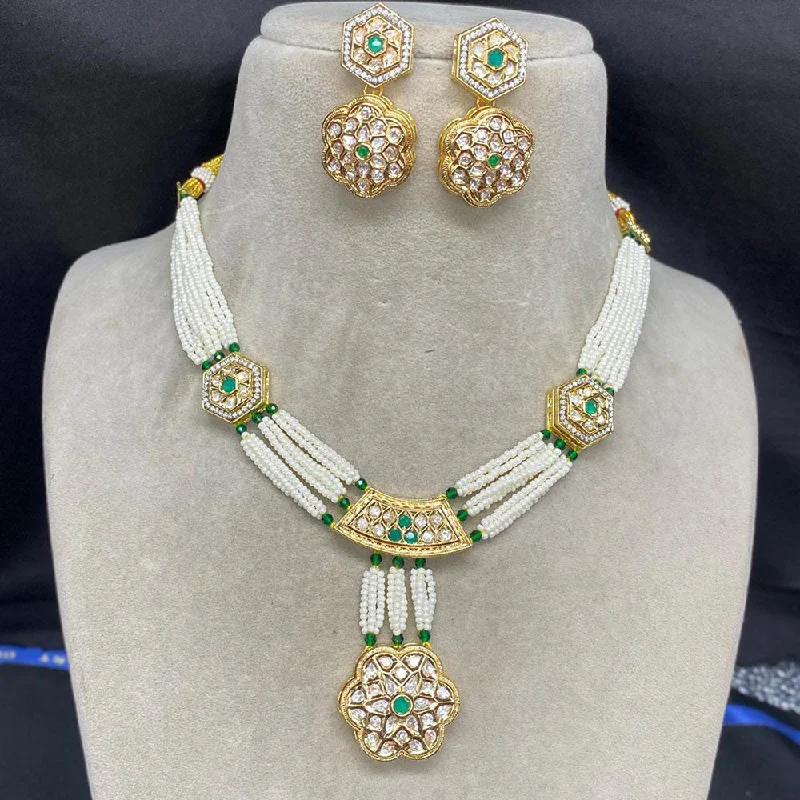 Silver Bar Necklace-Amoliya Jewels Gold Plated Polki Kundan Stone And Pearls Necklace Set