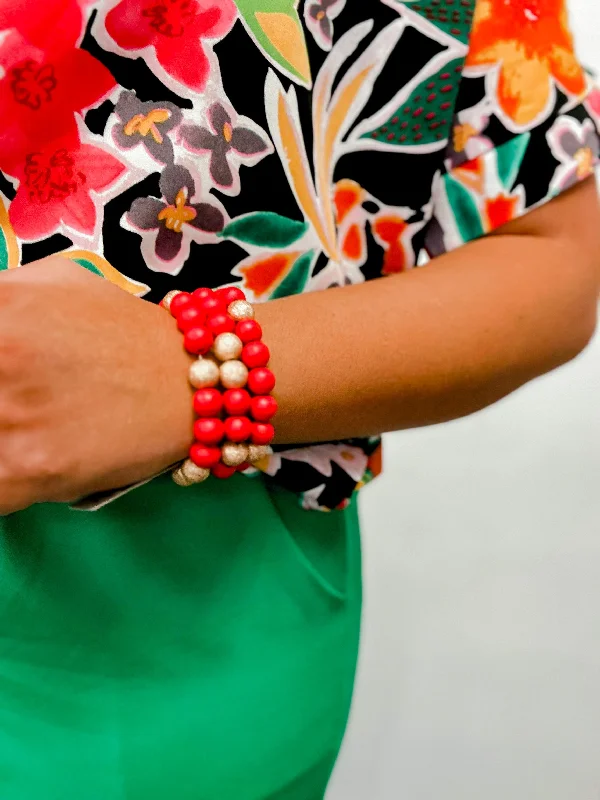 Silver Bead Bracelets-Fiery Coral & Gold Wooden Beaded Set