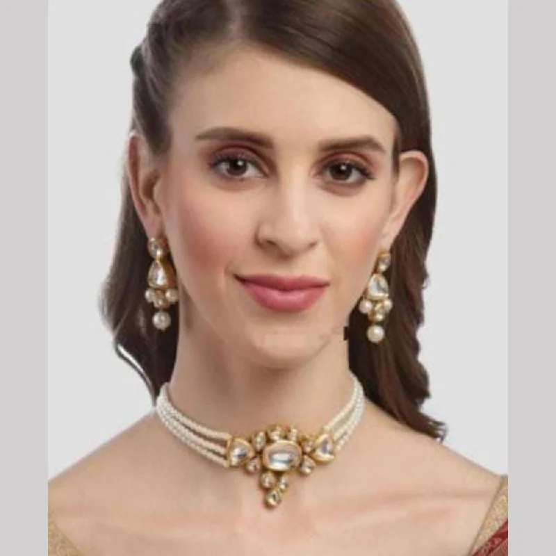 Fashionable Gold Necklace-FS Collection Gold Plated Kundan Stone And Pearl Choker Necklace Set