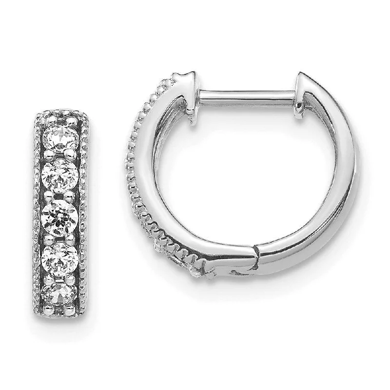 Luxury Gemstone Earrings-14k White Gold Diamond Milgrain Hoop Earrings