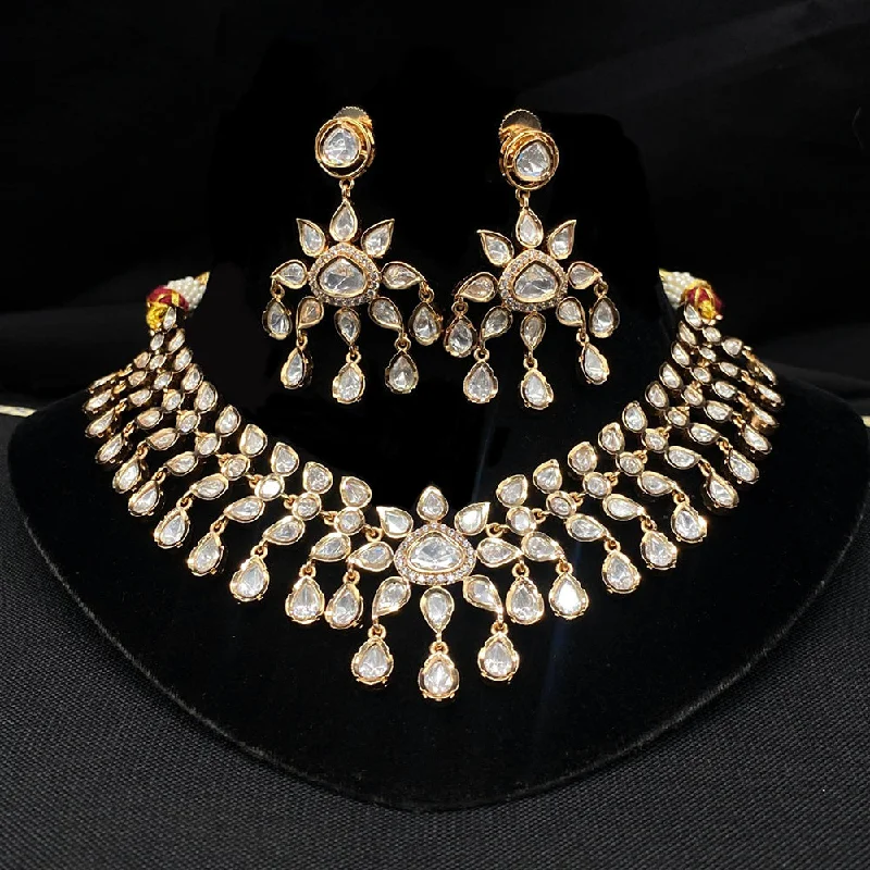 Gold Rope Necklace-Amoliya Jewels Gold Plated Polki Kundan Necklace Set