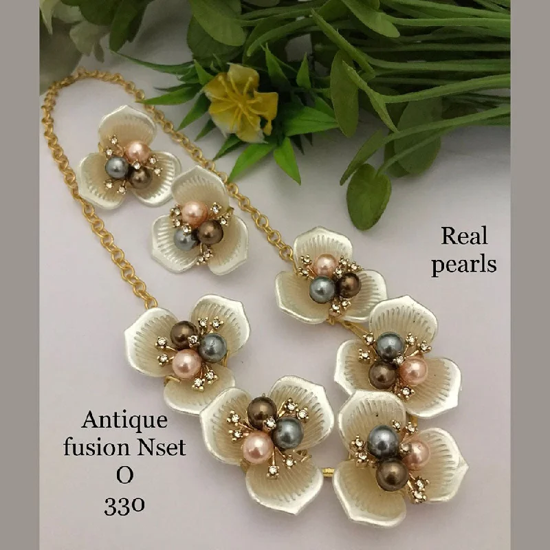 Unique Leather Necklace-FS Collection Gold Plated Antique Fusion Pearls Necklace Set