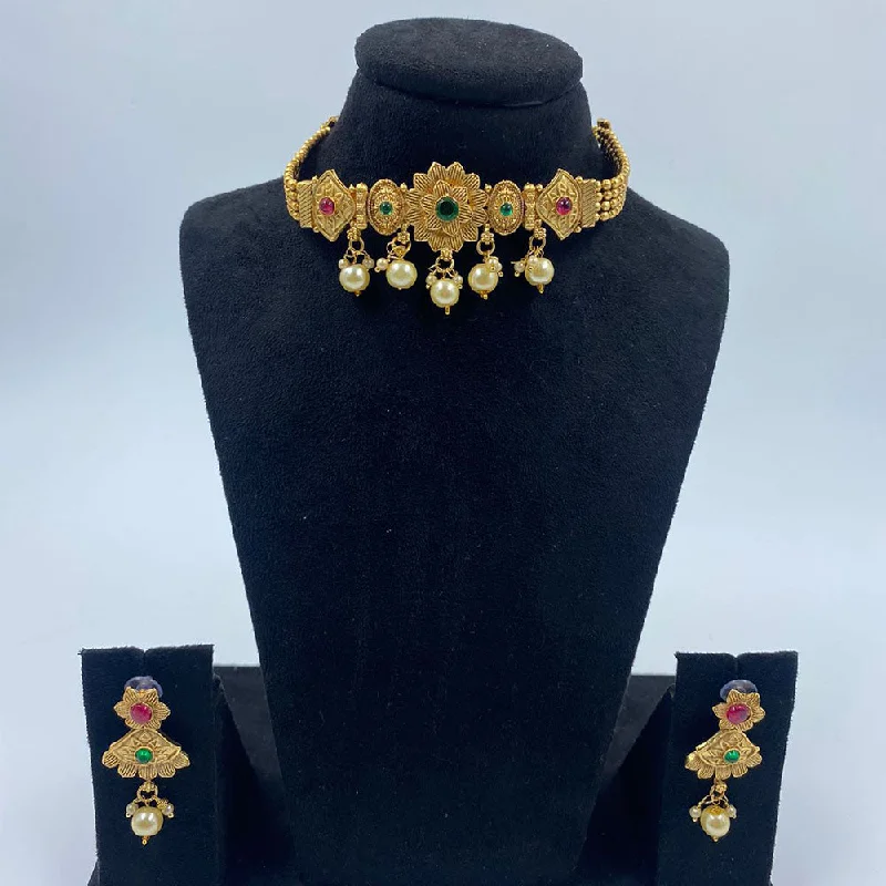 Retro Style Necklace-The Fashion Jewels Gold Plated Pota Stone And Pearl Choker Necklace Set