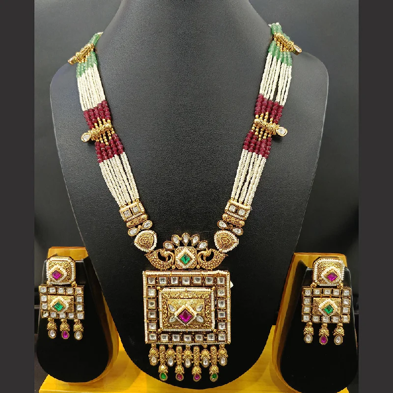 Vintage Gemstone Necklace-Jain Jewellers Gold Plated Kundan Stone And Pearl Long Necklace Set