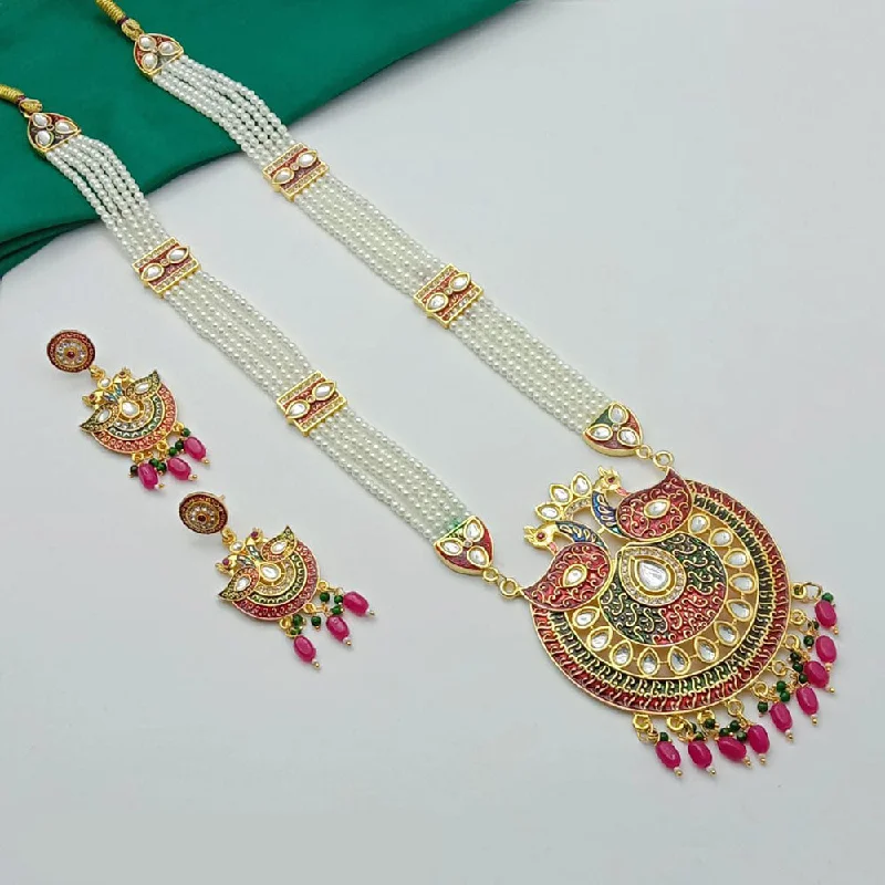 Layered Pendant Necklace-SP Jewellery Gold Plated Kundan Stone And Pearl Long Necklace Set